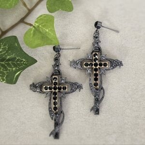 Unique Design Gunmetal with Gold Inner Cross Earrings